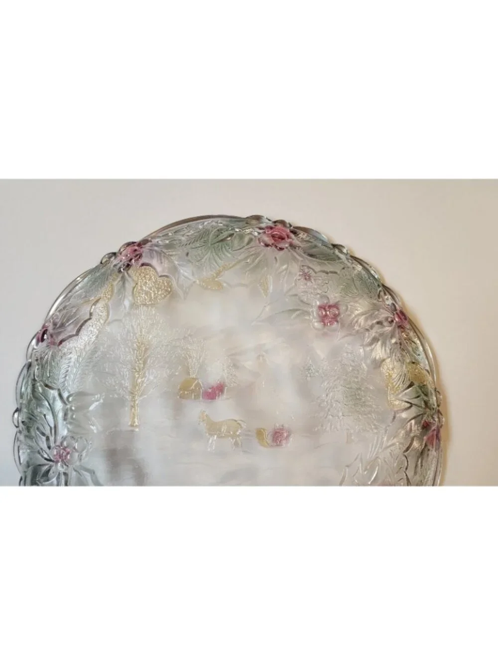 Christmas Serving Platter Plate Vintage Heavy Glass Tray Holly Winter Scene